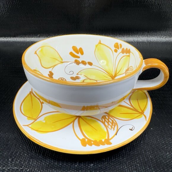 Italian Pottery Oversized Teacup And Saucer Set Hand Painted Yellow Flowers VTG - Picture 11 of 15